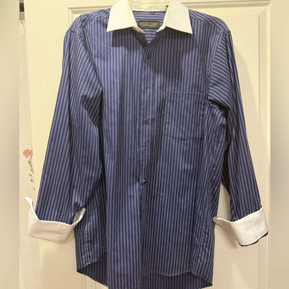 Elegant Navy Striped Dress Shirt with White Collar